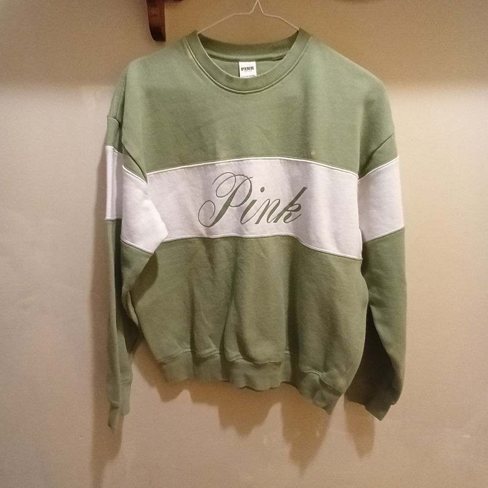PINK Victoria's Secret Olive and White Sweatshirt